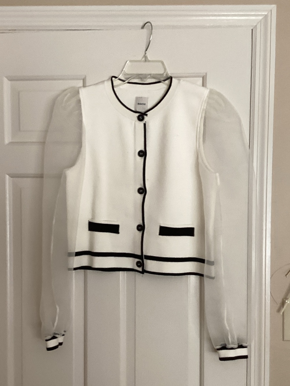 Mauve White Cropped Jacket with Black Trim and Sheer Sleeves